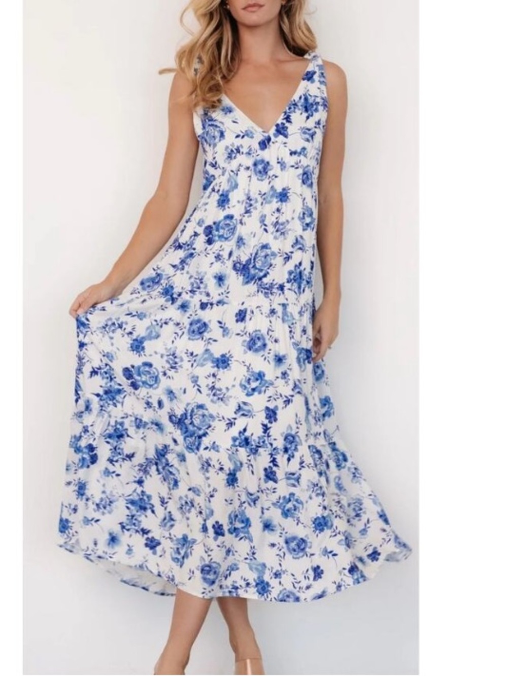 Baltic Born Mariah Tank Dress Blue Florals Pockets Tie Shoulders  Relaxed Fit L